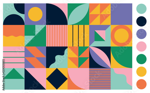 Abstract geometric shapes. Brutal modern figure, circles, rectangles, petals, semicircles and other primitive elements. Swiss design aesthetics. Vector illustration