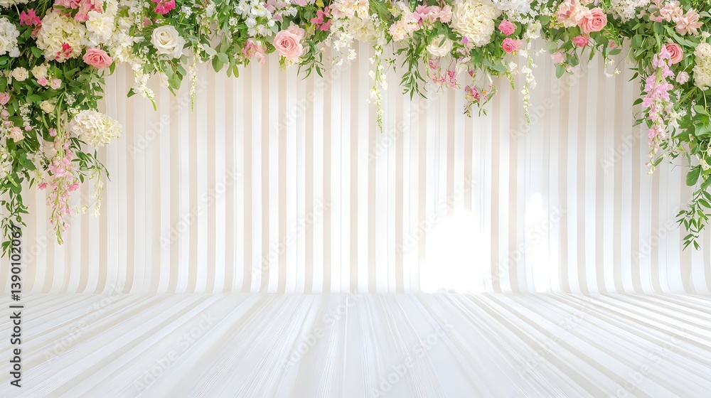 Fototapeta premium A white background with pink flowers and green leaves