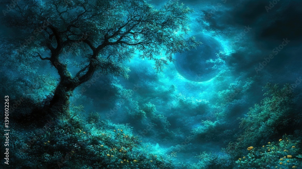 Tree silhouetted under bright moon in ethereal night landscape with cloudy sky and forest Tree silhouetted under bright moon in ethereal night landscape with cloudy sky and forest
