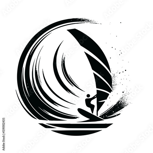 Windsurfer riding waves in a dynamic monochrome design  