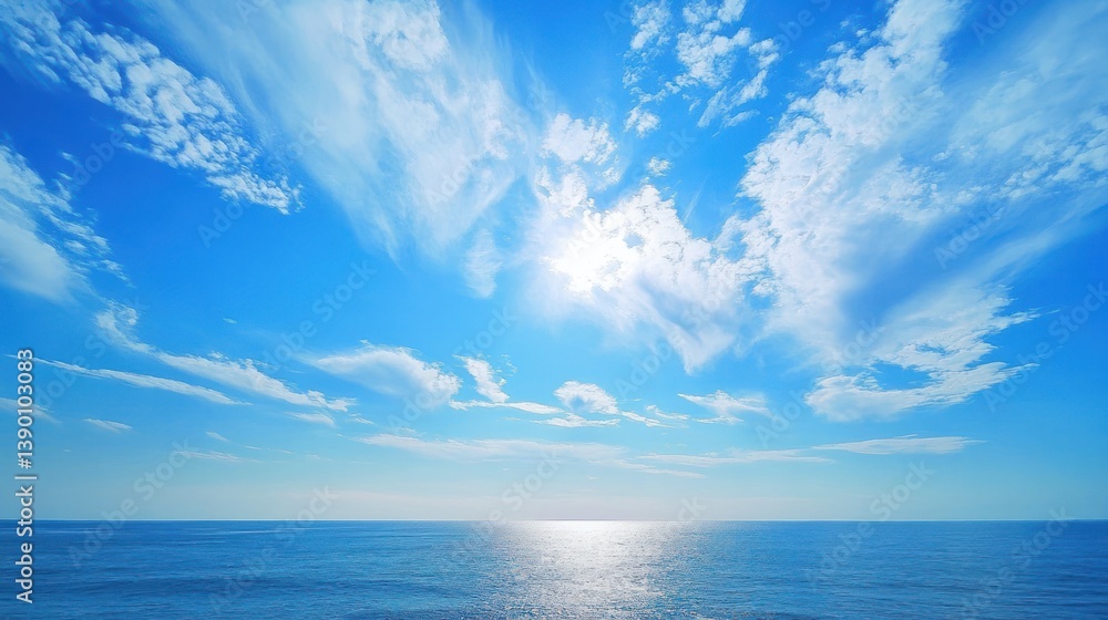Obraz premium Bright blue sky featuring clouds over a calm ocean scene