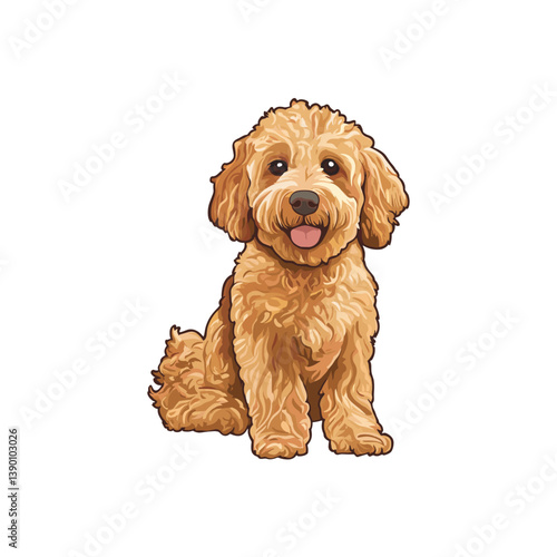 Cute golden dog sitting happily with a joyful expression and fluffy fur in a playful posture. A friendly golden dog with curly fur sits calmly, displaying an inviting expression.  