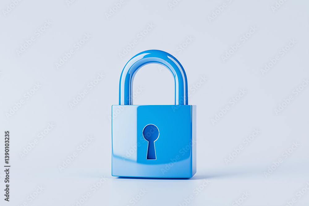 digital lock icon, cyber security symbol, holographic effect, metallic and blue, isolated on white background