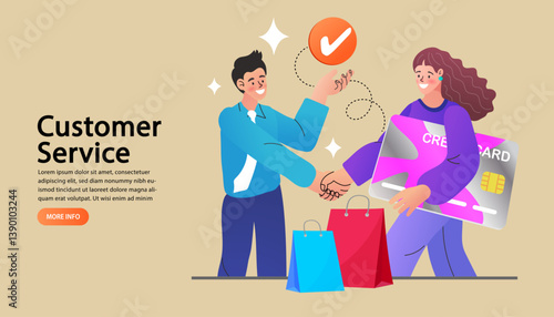 Building customer relationships. A satisfied woman with a credit card shakes hands with a service representative, confirming a successful deal. Vector for loyalty, trust, and client support.