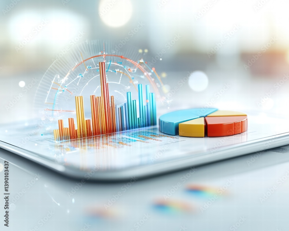 Digital analytics chart on tablet device with pie and bar graphs
