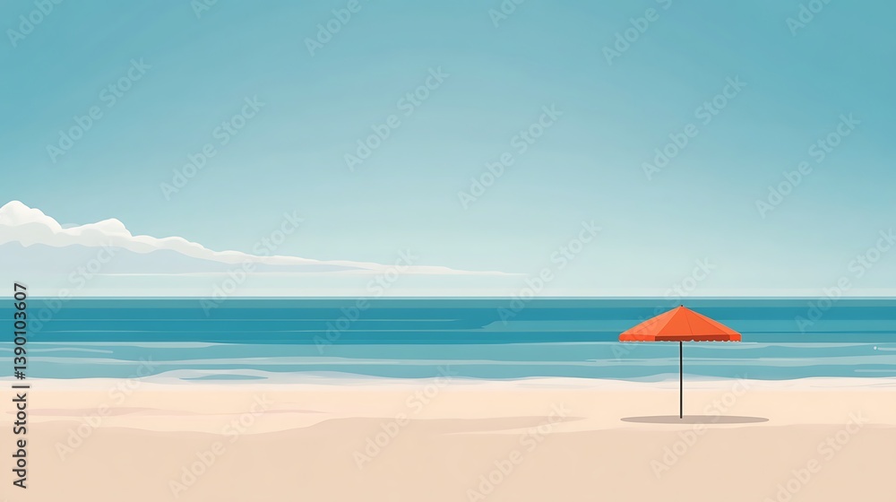 Serene beach scene with single orange umbrella. Serene beach scene with single orange umbrella.