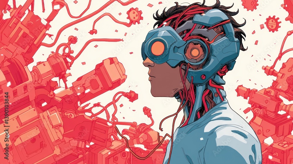Obraz premium A detailed illustration depicts a person wearing a high-tech helmet surrounded by chaotic wires and machinery
