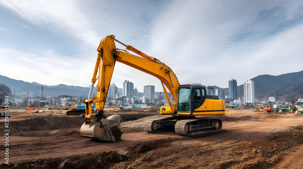 Obraz premium Large yellow excavator working at the construction site
