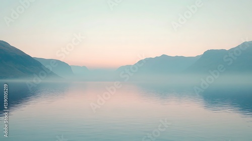Wallpaper Mural Misty sunrise over calm lake, mountains in background. Torontodigital.ca