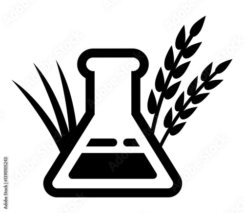 A black icon of a lab flask with rice plants symbolizing rice-based scientific or oil extraction process.