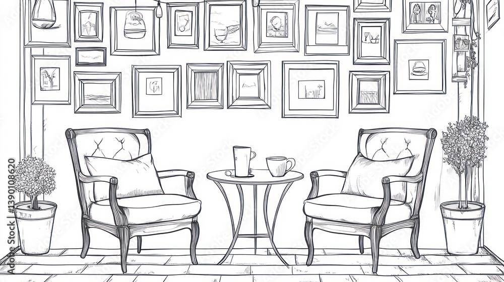 Fototapeta premium Outdoor Cafe Drawing, Cozy Seating, Framed Artwork