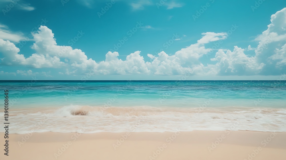Serene beach scene with turquoise water and white sand under a bright blue sky with fluffy clouds. Serene beach scene with turquoise water and white sand under a bright blue sky with fluffy clouds.