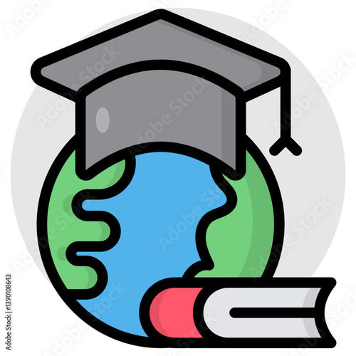 Globe with mortarboard, flat design of global learning 