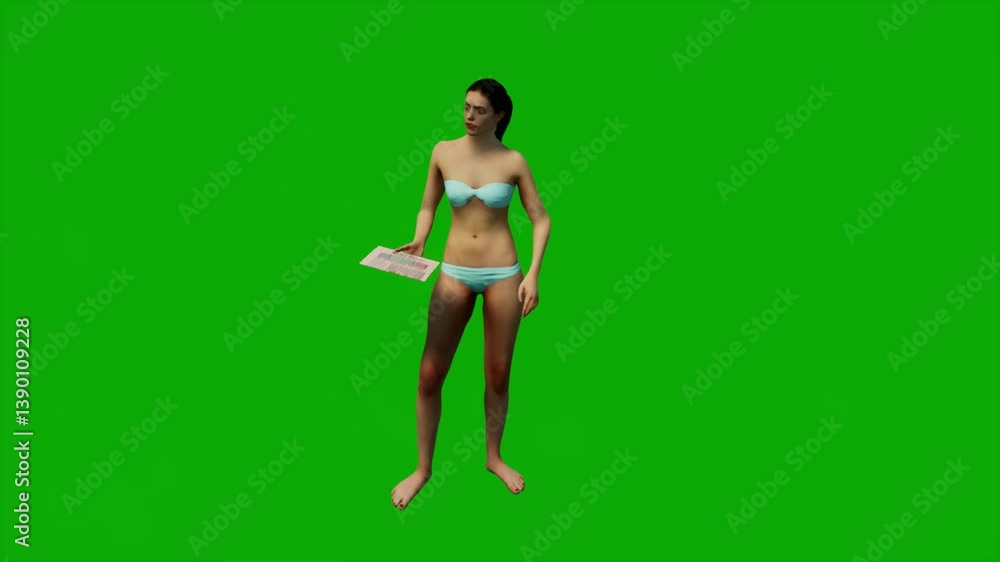 A realistic green screen render of 3d white american woman on beach with chroma key background, suitable for animation and design projects. A realistic green screen render of 3d white american woman on beach with chroma key background, suitable for animation and design projects.