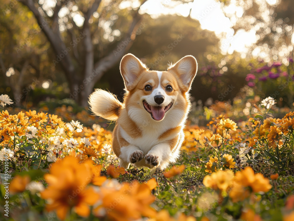Realistic photography playful Pembroke Welsh Corgi joyfully running through vibrant field of yellow flowers Realistic photography playful Pembroke Welsh Corgi joyfully running through vibrant field of yellow flowers