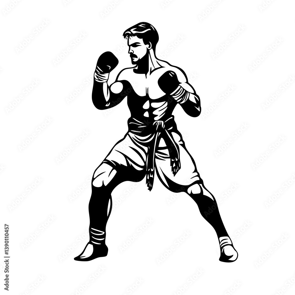 Fototapeta premium Traditional Martial Warrior logo illustration – Silhouette of a Combat-Ready Fighter