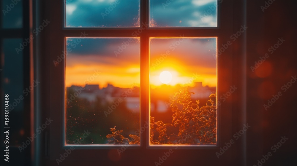 Beautiful Sunset View Through a Window with Warm Colors and Soft Focus on Nature and City Landscape in Background Beautiful Sunset View Through a Window with Warm Colors and Soft Focus on Nature and City Landscape in Background
