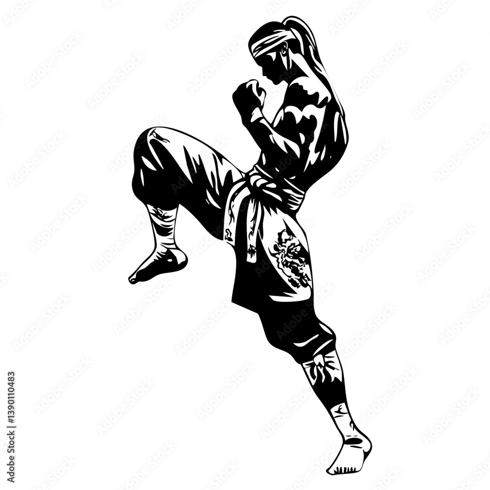 Obraz premium Traditional Martial Warrior logo illustration – Silhouette of a Combat-Ready Fighter