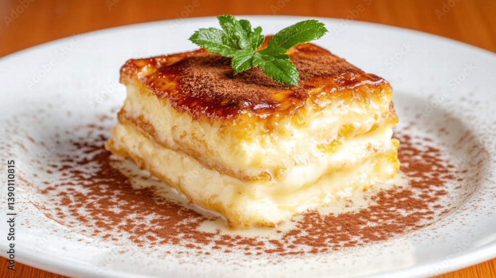 Delicious Dessert Layered Creamy Tiramisu with Cocoa and Mint Garnish Delicious Dessert Layered Creamy Tiramisu with Cocoa and Mint Garnish