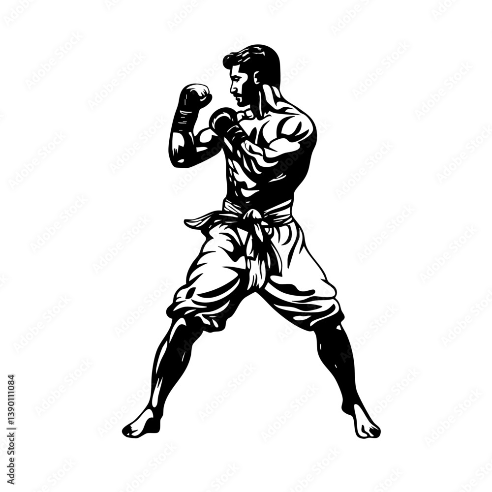 Fototapeta premium Traditional Martial Warrior logo illustration – Silhouette of a Combat-Ready Fighter
