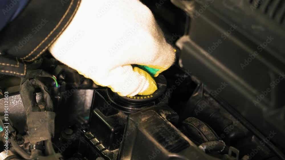 Mechanic hand wearing glove unscrewing engine filler plug to change oil on car in garage, close up view