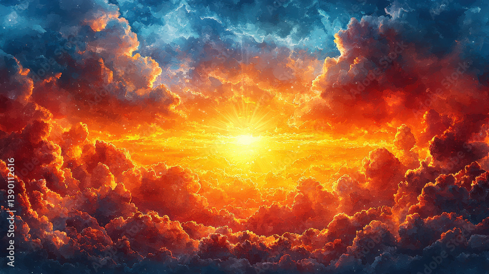 Sunrise over colorful clouds nature scene digital art vibrant atmosphere wide angle serenity Sunrise over colorful clouds nature scene digital art vibrant atmosphere wide angle serenity
