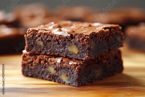
Classic vegan dark chocolate and date brownie, close-up of a cut.