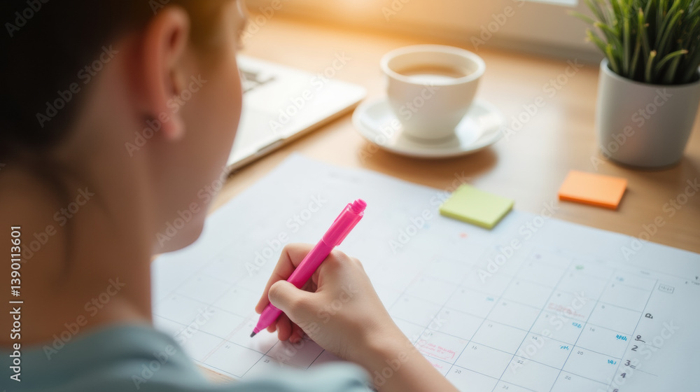 Organizing tasks with calendar, person writes notes with pink pen, surrounded by cup of coffee and sticky notes, creating productive atmosphere Organizing tasks with calendar, person writes notes with pink pen, surrounded by cup of coffee and sticky notes, creating productive atmosphere