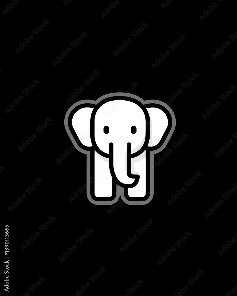 Fototapeta premium This design showcases a simple flat vector icon of an elephant, rendered in white, with clean lines and a charming appearance, set against a solid black background for contrast