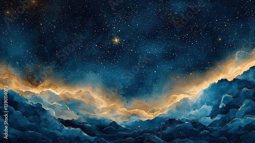 Starry night skies over majestic clouds digital artwork dreamy atmosphere wide viewpoint