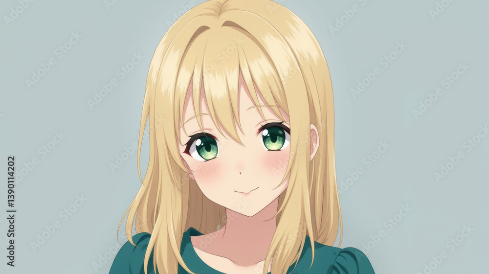 cheerful anime character with long blonde hair and green eyes, wearing teal top, exuding friendly and warm expression cheerful anime character with long blonde hair and green eyes, wearing teal top, exuding friendly and warm expression