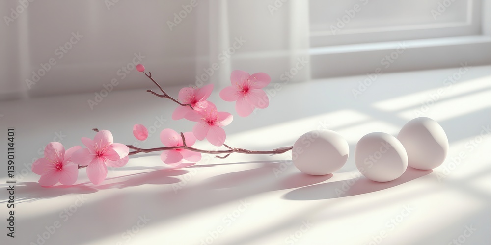 Two colorful eggs rest beside a branch of delicate pink flowers on a table, celebrating Easter's arrival. Two colorful eggs rest beside a branch of delicate pink flowers on a table, celebrating Easter's arrival.