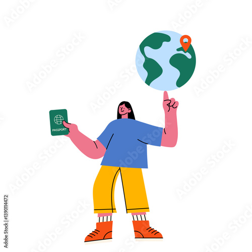 Travel concept illustration – happy tourist with passport and globe. Flat vector design for vacation, world trip, tourism, international travel, adventure, holiday planning, global exploration themes