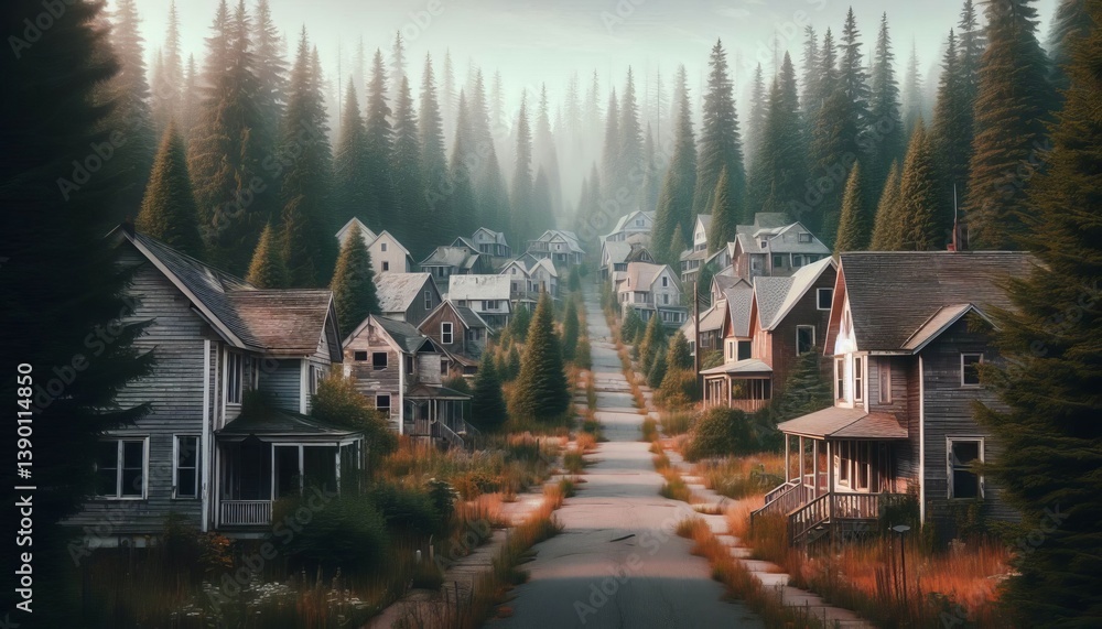 Fototapeta premium Suburban Ghost Town Streets lined with houses swallowed whole by