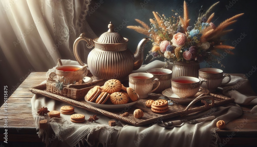 Tea set with a teapot cups and a plate of biscuits on a tray Tea set with a teapot cups and a plate of biscuits on a tray