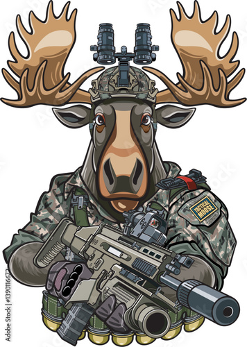 Cartoon style tactical military moose elk bull holding assault rifle
