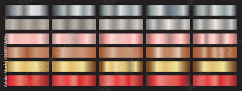Set of Perfect combination metal gradient color. Chrome texture surface template for digital, web. Gold, silver, bronze, dark silver, red, colorful palette collection. Vector Gradient Set.