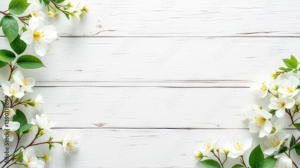 Obraz premium Beautiful White Flowers and Green Leaves on Rustic Wooden Background