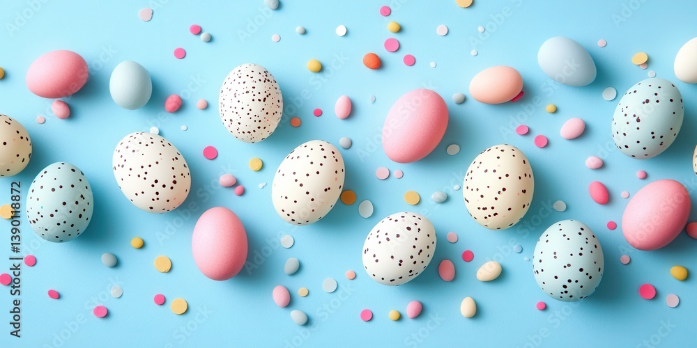 Colorful eggs with confetti arranged on a vibrant blue background for Easter celebration. Colorful eggs with confetti arranged on a vibrant blue background for Easter celebration.