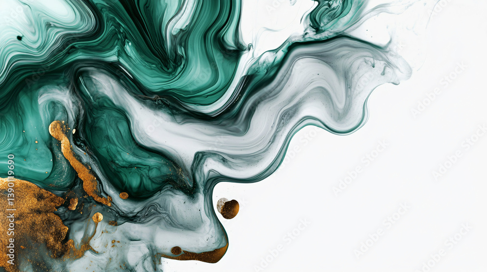 Fototapeta premium Stunning Abstract Design of Green and Silver Liquid Ink on Clean White Surface