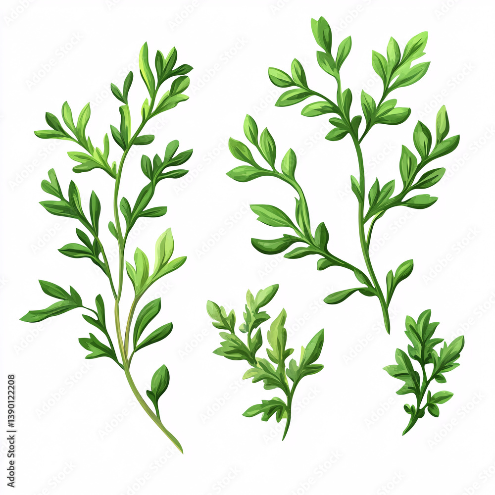 Obraz premium Fresh Savory Herb Sprigs Sprinkled on a Clean White Surface