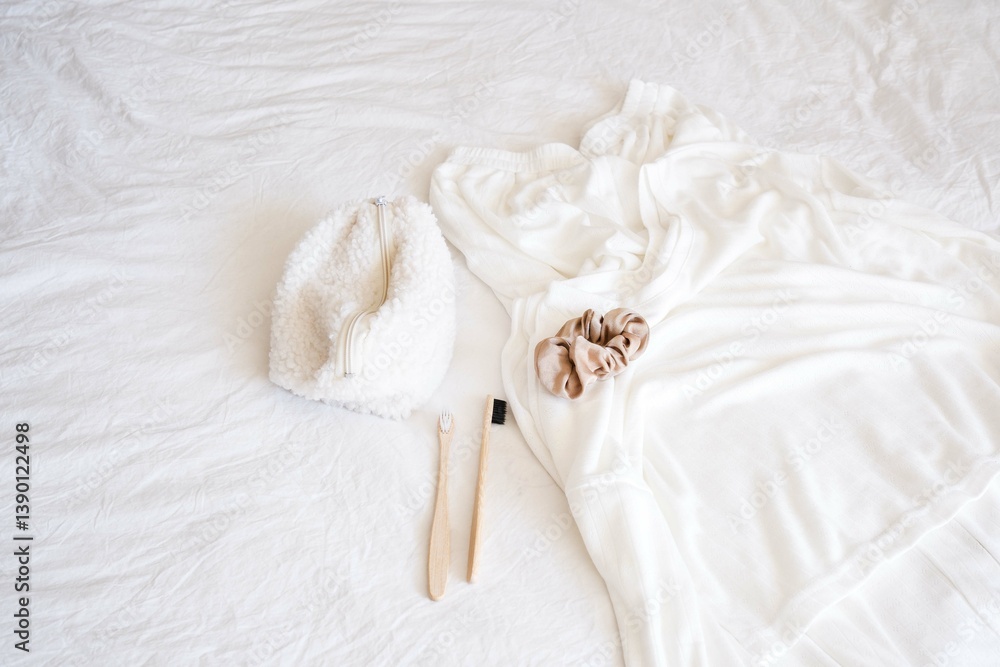 A charming and cozy pijama and accessories of woman: cosmetic bag display on white bed. A charming and cozy pijama and accessories of woman: cosmetic bag display on white bed.