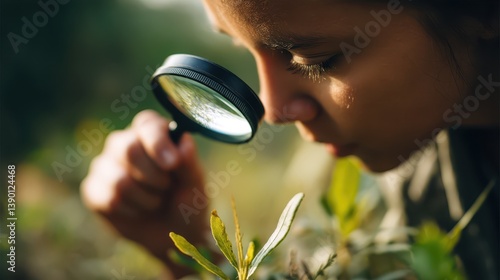 A participant observes small plants closely with a magnifying glass in an outdoor environment. The setting is vibrant, showcasing the beauty of nature and the importance of citizen science
