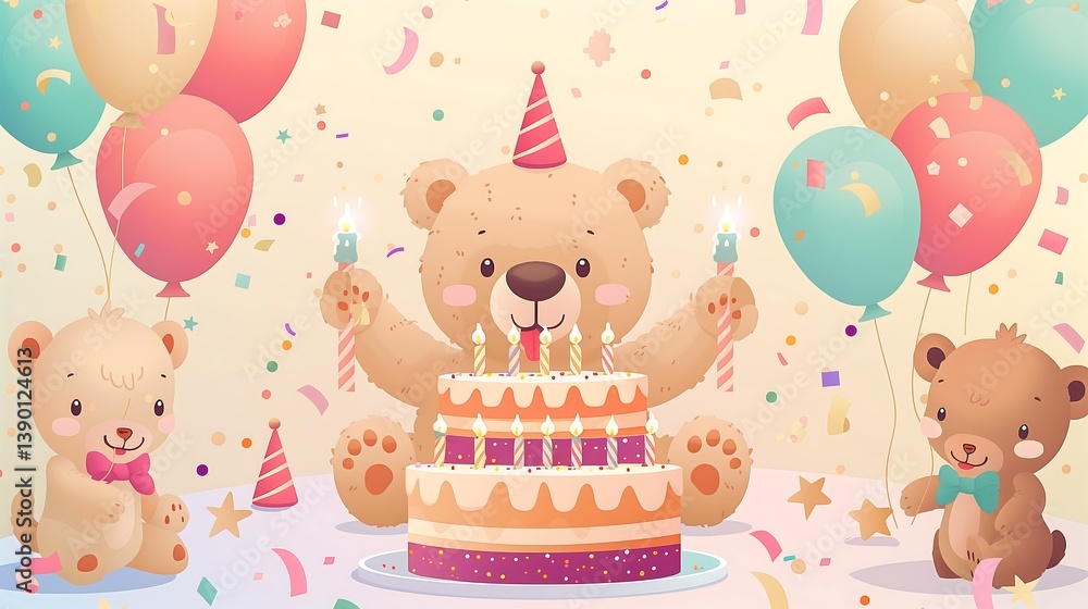 Fototapeta premium Cute and Fun Three Bear Birthday Card - Double layered Cake and Party Balloon Celebration Ceremony