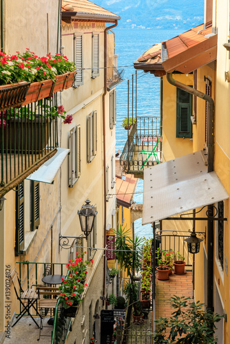 Narrow street of Varenna at Lake Como in Italy