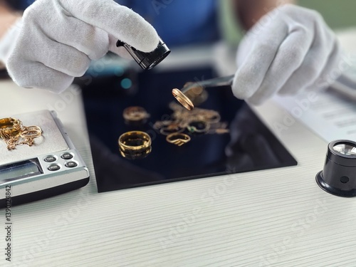 Foto Jewelry appraisal process involving detailed examination of rings and other item