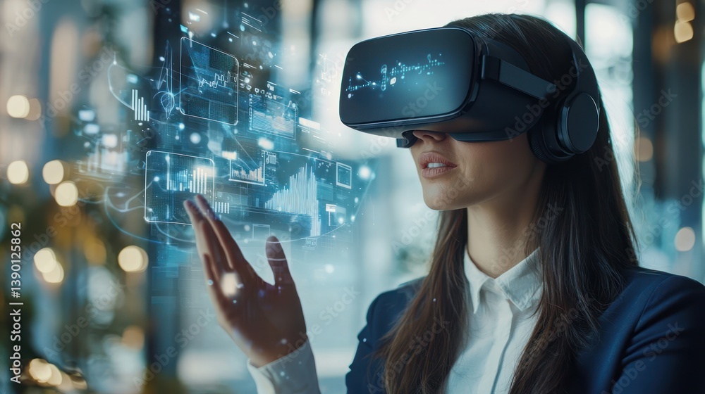 digital marketing media and VR icons on virtual screen, businesswoman working in office digital marketing media and VR icons on virtual screen, businesswoman working in office