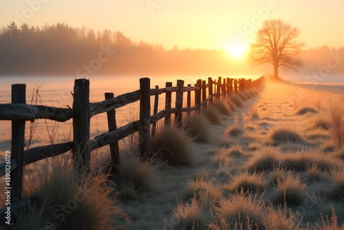 Old wooden fence running through a frosted meadow at golden hour.
