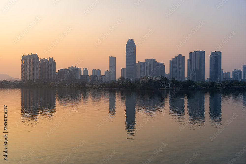 Obraz premium China Huizhou Jiangbei CBD city skyline sunset scenery