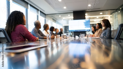 A multi-ethnic group of business professionals gather around a long table in a sleek conference room, actively discussing strategies while reviewing information on a large display screen